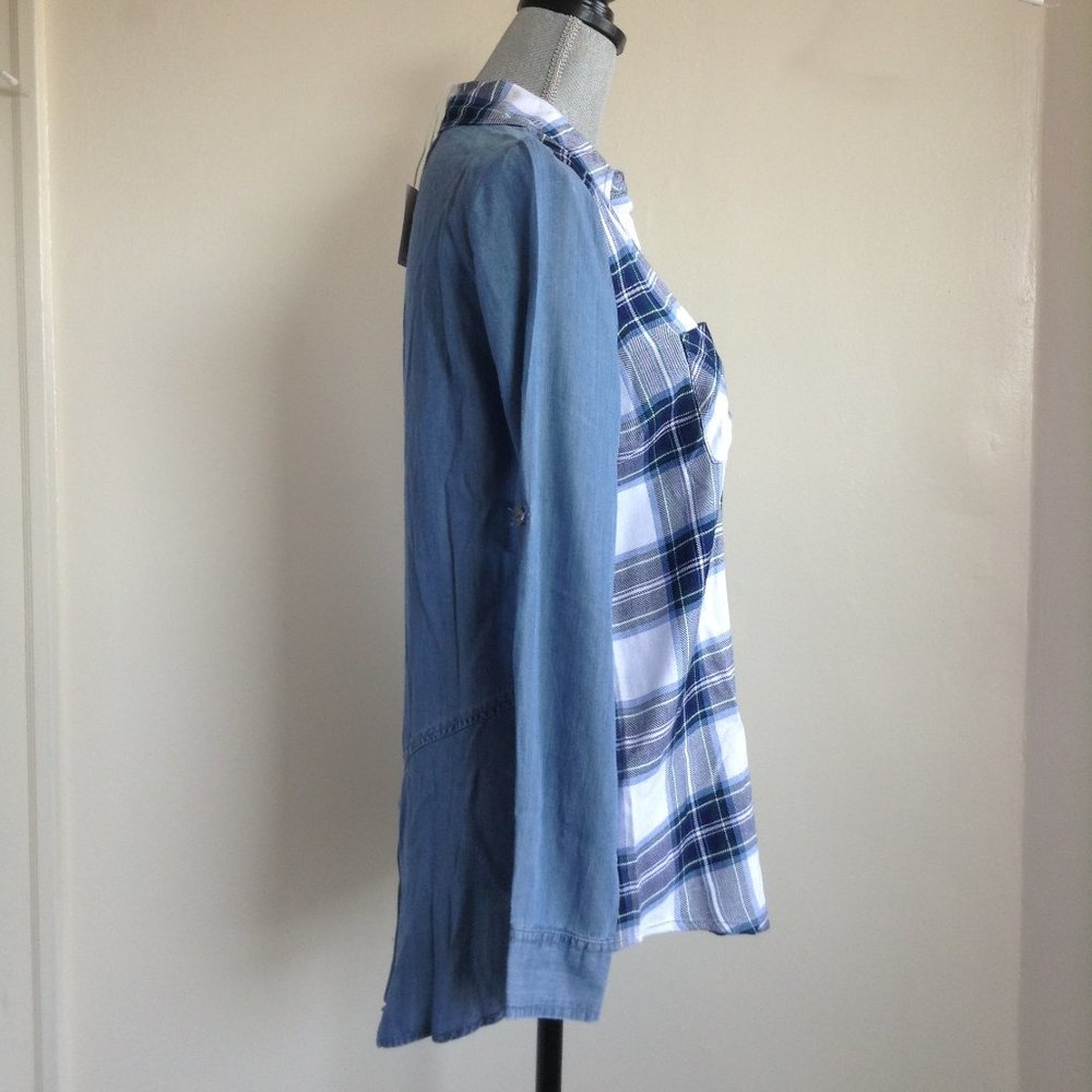 NWT BeachLunchLounge Elly Plaid Chambray Button Down Shirt White Blue Blouse XS